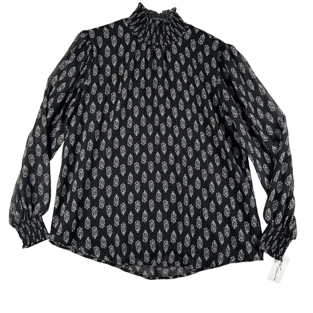 NY Collection Blouse Womens Medium Black Floral Mock Neck Long Sleeve Chiffon